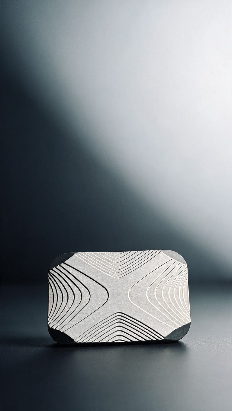 Machined metal slider with a contoured pattern, resting on a dark surface in a beam of light